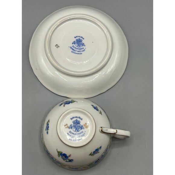 Vtg Schumann Bavarian Teacup & Saucer Set Demi Tasse Forget Me Not Blue Gold Rim - Picture 5 of 11